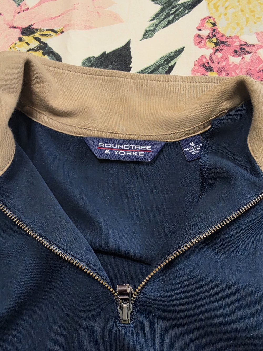 Roundtree & Yorke Navy Half-Zip with Tan Collar